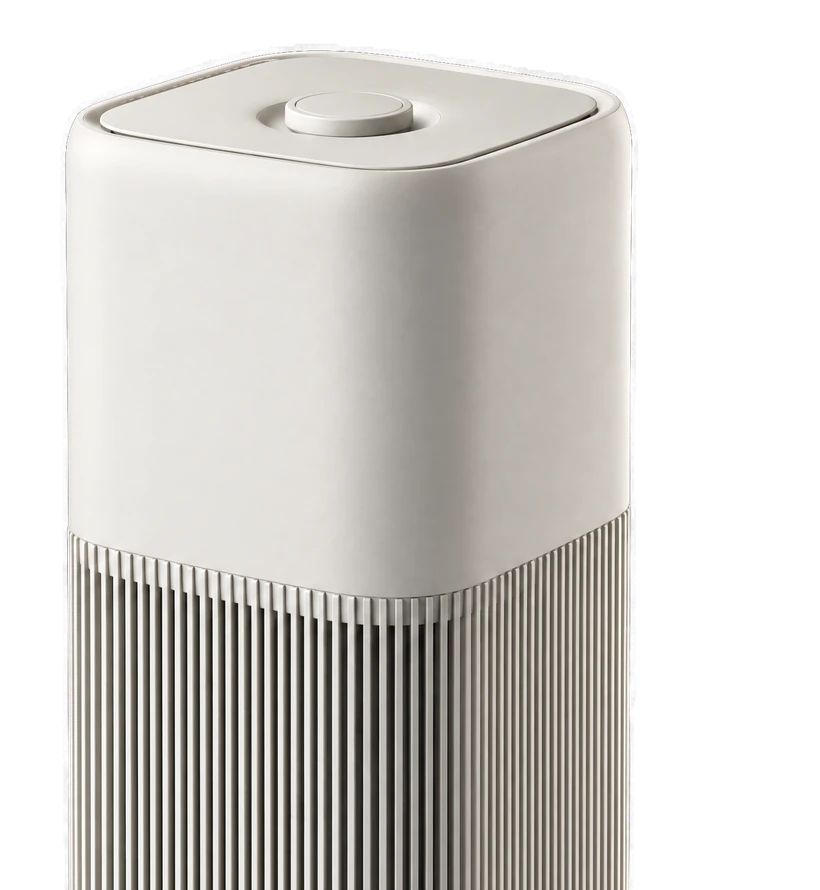 A product render: an air purifier, a white molded shell over a fine louvre grille.