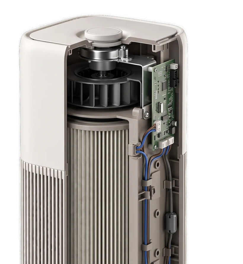 The same purifier sectioned, showing the molded chassis, the impeller, the pleated filter, the circuit board and the harness in its clips.